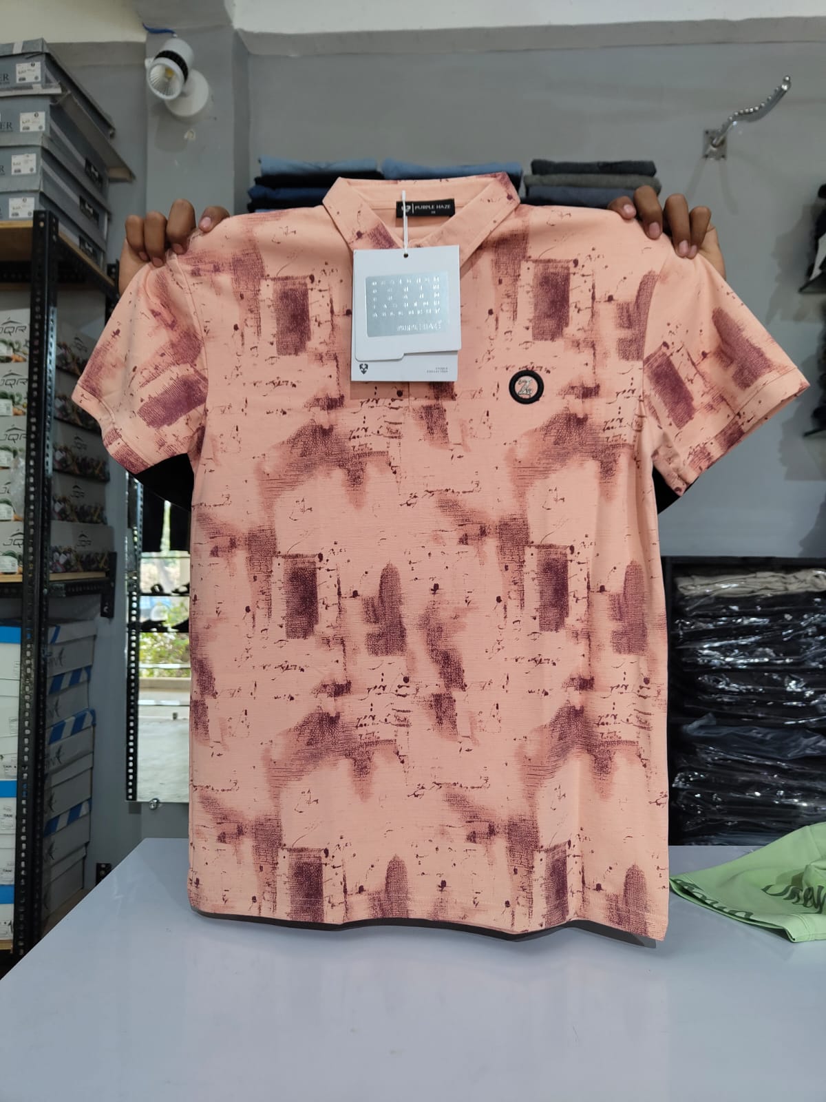 Men’s Printed Polo T-Shirt – Peach Pattern Design