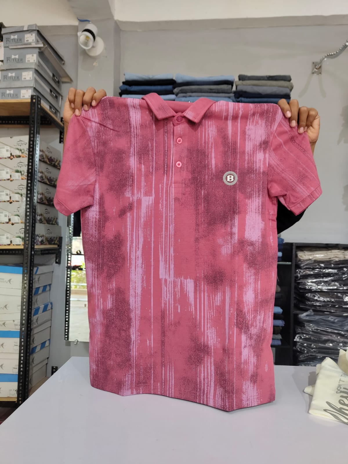 Men’s Printed Polo T-Shirt – Peach Pattern Design